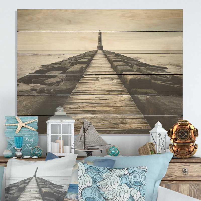 Black And White Pier Horizon - Coastal Pier Wood Wall Art On Natural Pine Wood, 30" H x 40" W