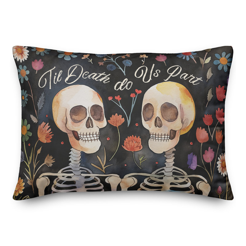 Coussin Spooky, H 14 po x l 20 po, Rectangle, Motif floral noir