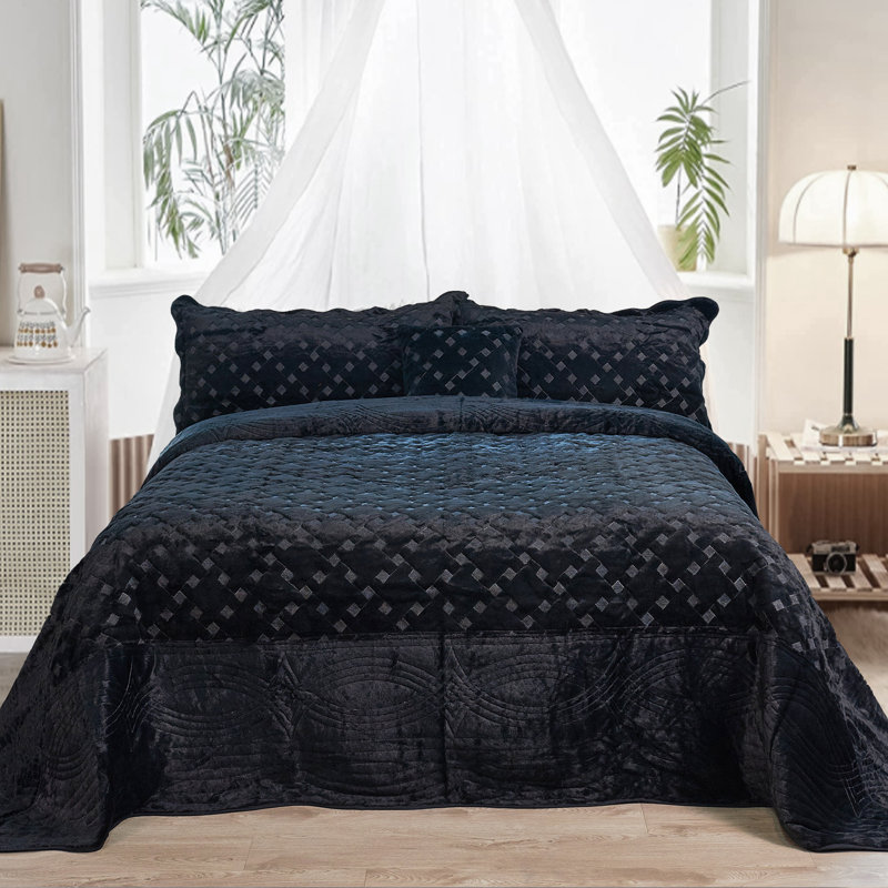 4 Piece Tatami Quilted Faux Fur Set, King Coverlet + 3 Additional Pieces, Black