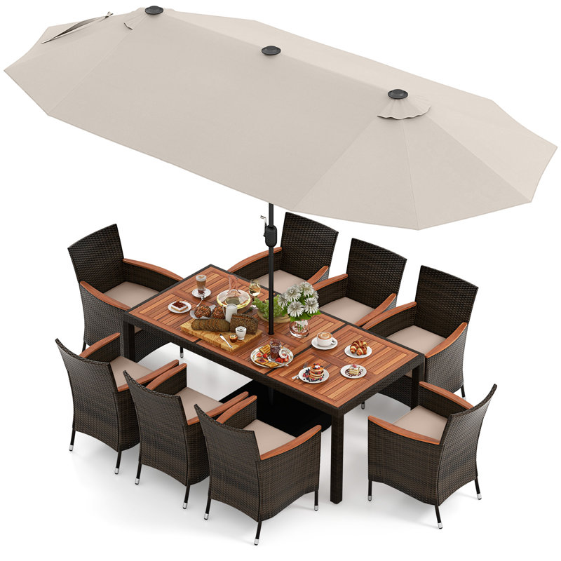 11 Pcs Patio Dining Table Chair Set With Umbrella And Base, Beige, Brown