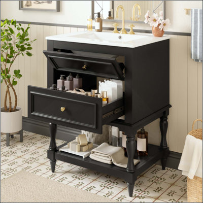 Meuble-lavabo de salle de bain avec lavabo en céramique, armoire de rangement pour salle de bain avec tablette ouverte, armoire de salle de bain rétro avec 2 tiroirs (robinet non inclus)