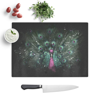 Tempered Glass Mesmerising Pink & Green Peacock Chopping Board