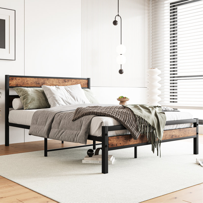 Base de lit plateforme avec tête de lit en bois rustique rétro, support de lattes en métal robuste, aucun sommier requis