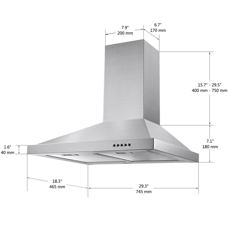 Tieasy 30" Stainless Steel 450 CFM Convertible Wall Range Hood with Mesh Filter