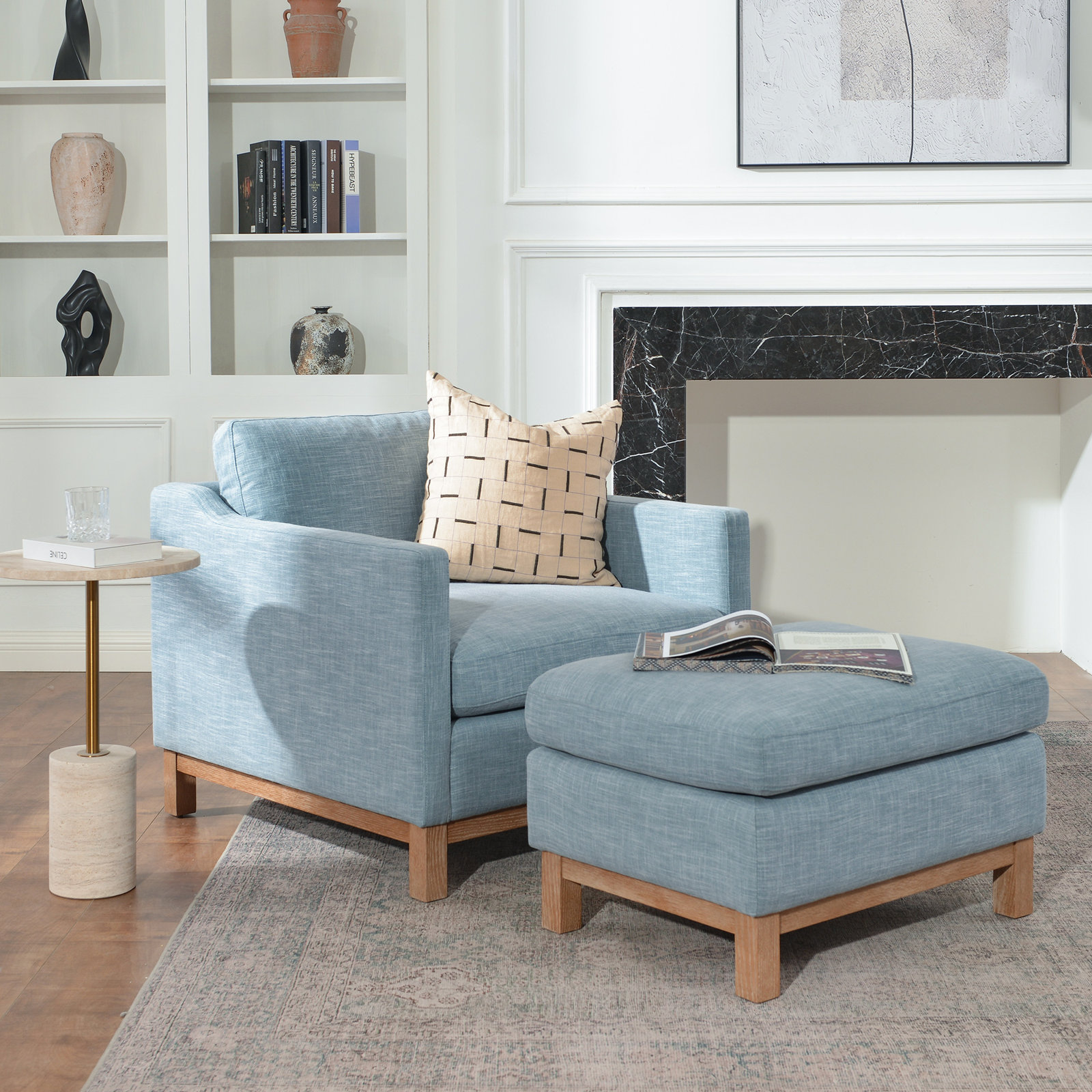 Down Filled Armchair with Ottoman, Blue