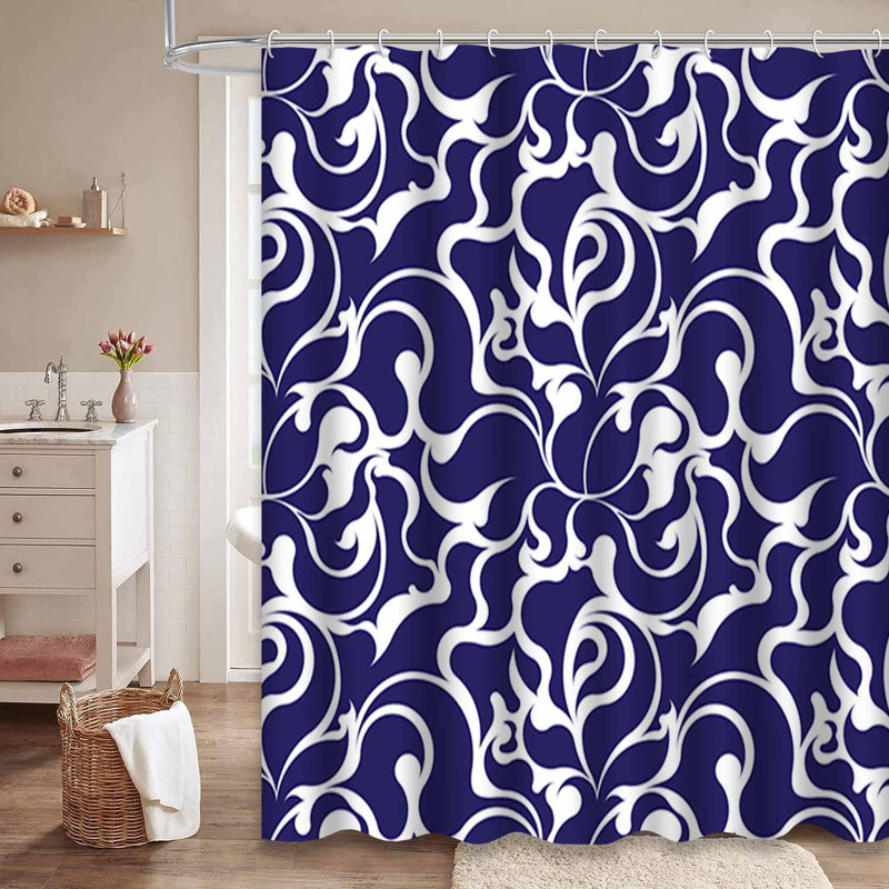 Rideau de douche sans couture à motif floral damassé bleu avec 12 crochets, L 72 po x l 78 po
