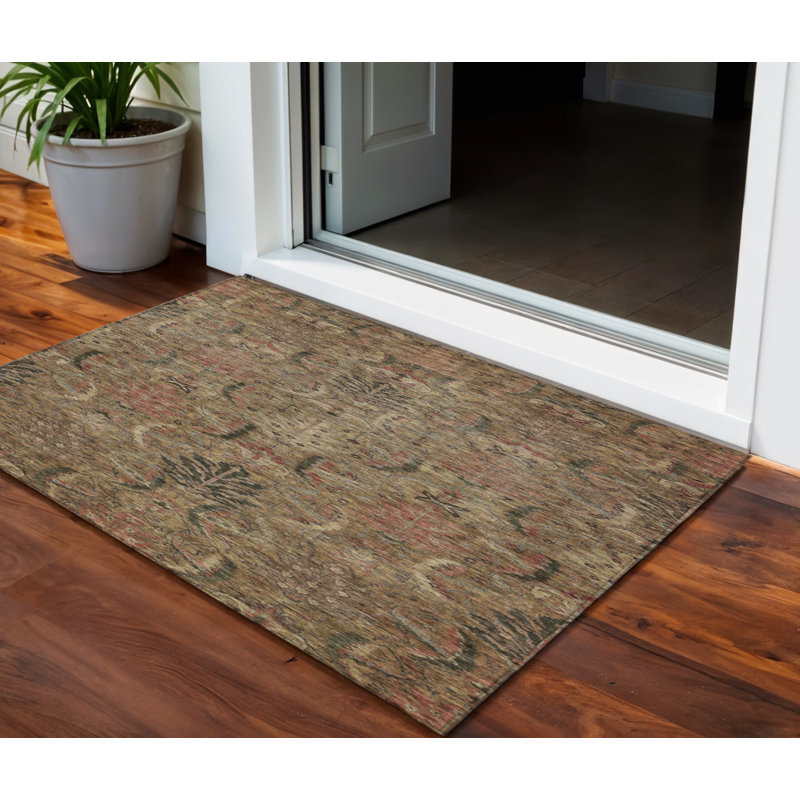 3' X 5' Brown Charcoal And Brick Red Damask Washable Indoor Outdoor Area Rug