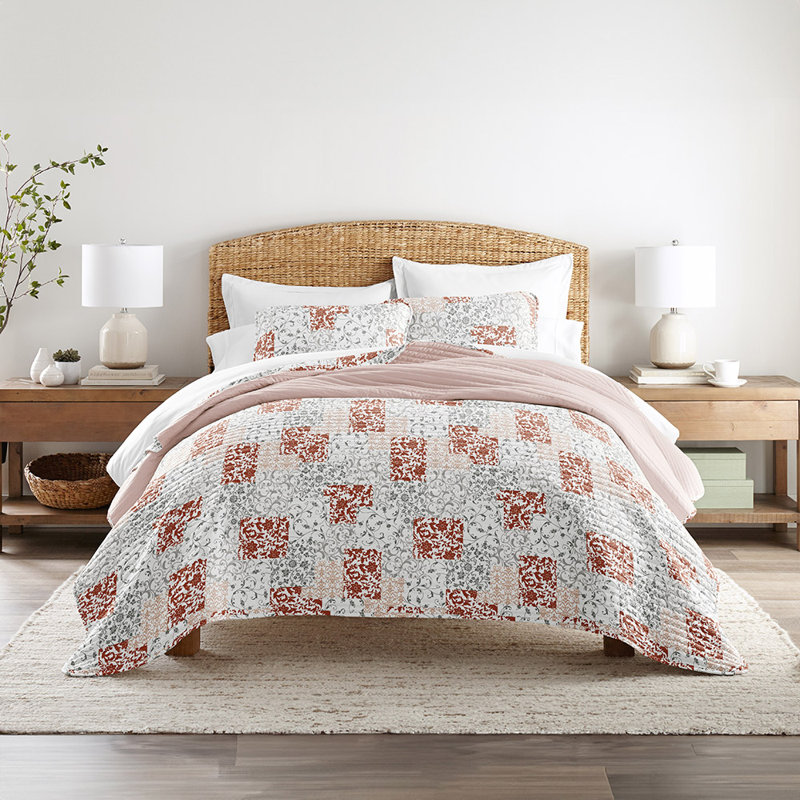Ensemble de couvre-lit courtepointe en microfibre réversible à motif toutes saisons en patchwork ultra doux, Rose