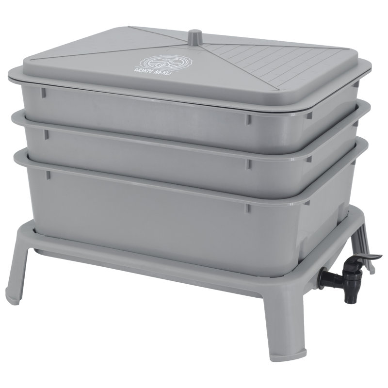 Gray 4-Tray Plastic Worm Composting Bin with Coco Coir Brick