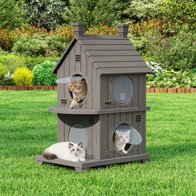 2-Story Weatherproof Cat House Outdoor Indoor With Elevated Floor And Air Vents