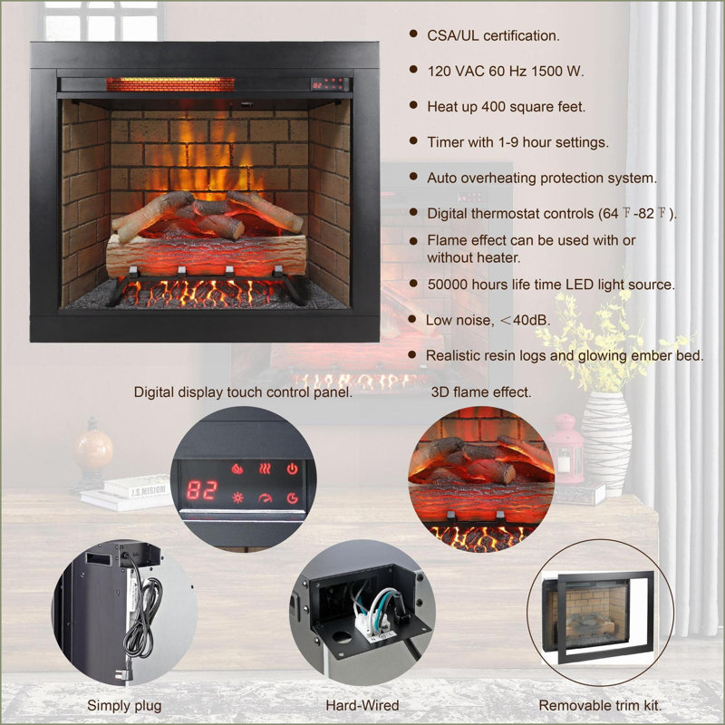Electric Fireplace Insert, 28in Western Modern with Realistic 3D Flames & Fire Crackling Sound | Insert | Electric