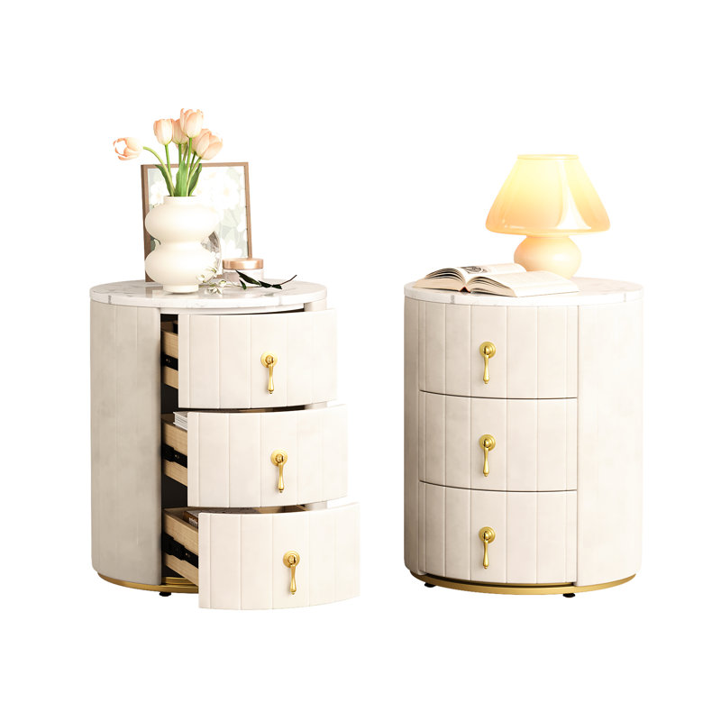 Ensemble de 2 tables de chevet rembourrées avec 3 tiroirs, table de chevet ronde avec poignées en métal, table de chevet à dessus marbré avec autocollants pour la chambre à coucher, entièrement assemblée sauf les poignées, beige