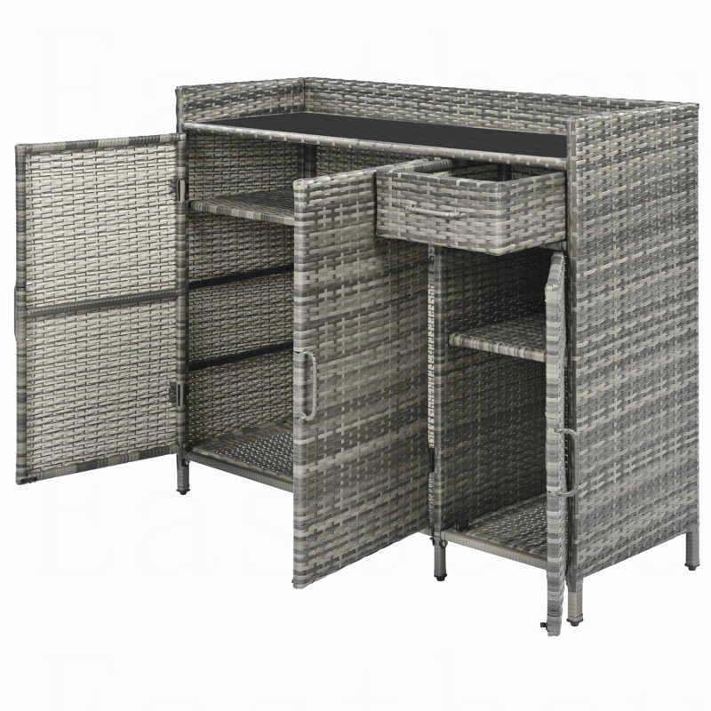 47.5"W Wicker Outdoor Storage Cabinet with Tempered Glass Desktop, Weather-proof Rattan Bar Table with Three Doors, Adjustable Shelf, and One Drawer, for Outdoor Cushions, Pool Toys , Grey