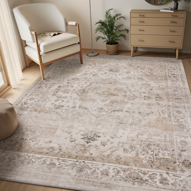 Soft Beige Machine Washable Oriental Area Rug For Living Room, Bedroom, Rectangle 9' x 12', Beige