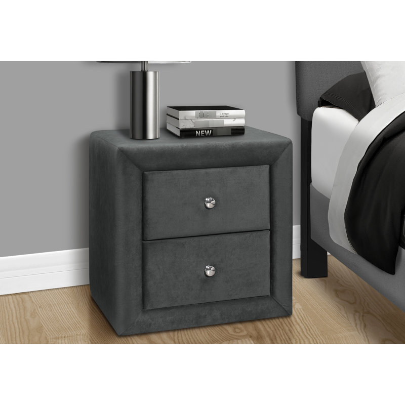 Table de chevet avec finition en velours gris et capacité de rangement polyvalente pour diverses pièces