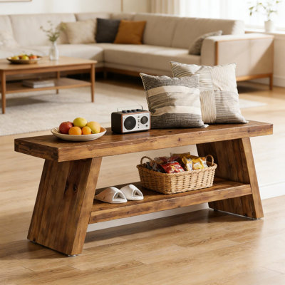 Banc de hall d'entrée rectangulaire, à 2 niveaux, en bois massif, brun rustique, rangement ouvert pour les chaussures et les articles, couloir, lit ou comme tabouret de lecture, assemblage rapide, lit de rangée de 14,01 po de couleur brune,