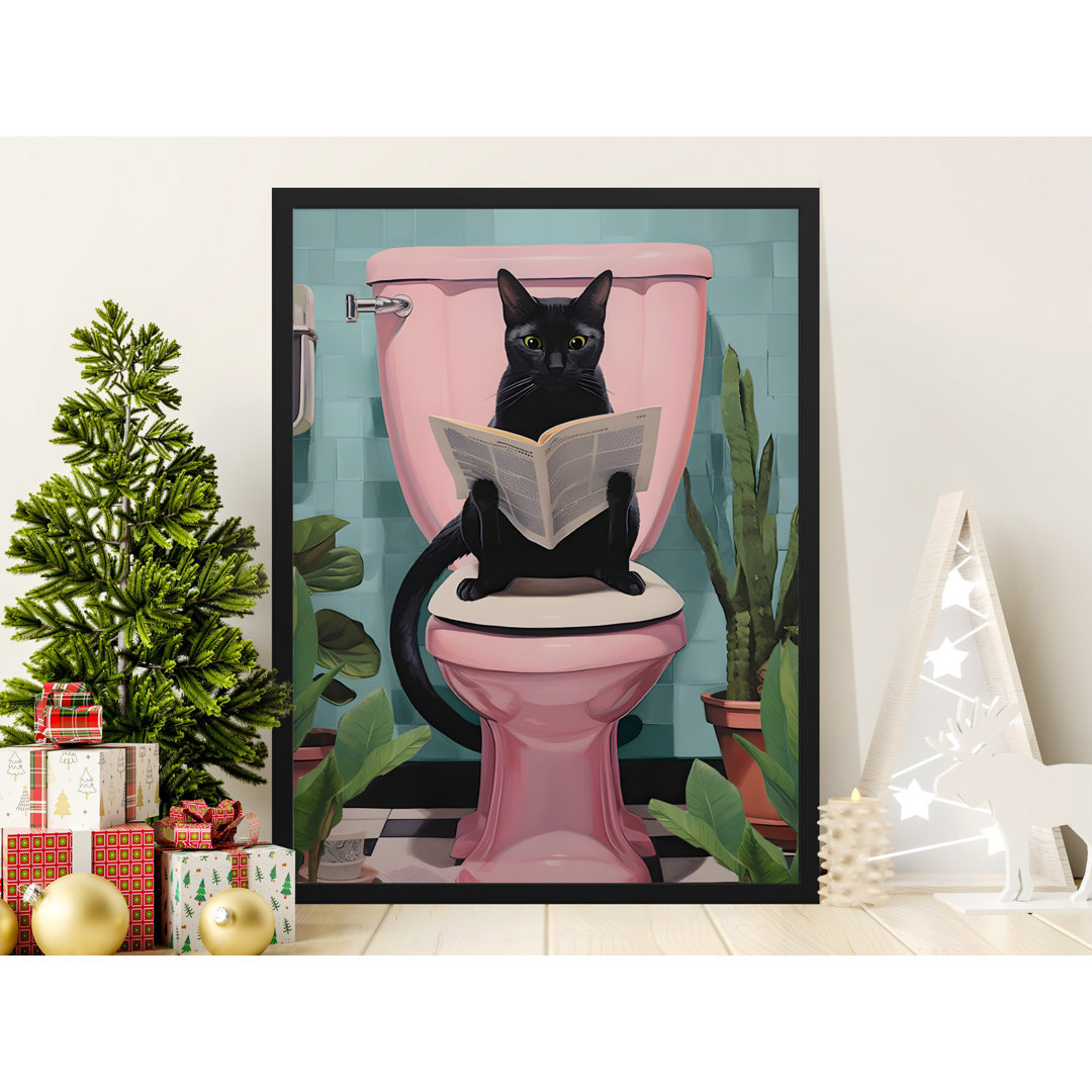 Black Cat Art, Reading Newspaper Wall Art, Bathroom Decor Print, Pink Toilet Print, Funny Animal Art, Pet Lover Gift, Matte Vertical Poster