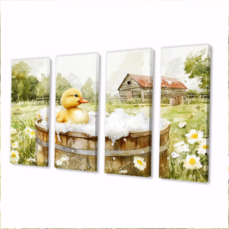 Mignon canard prenant un bain dans un baril de ferme - ensemble d'art mural sur toile de salle de bain, H 28 po x l 48 po