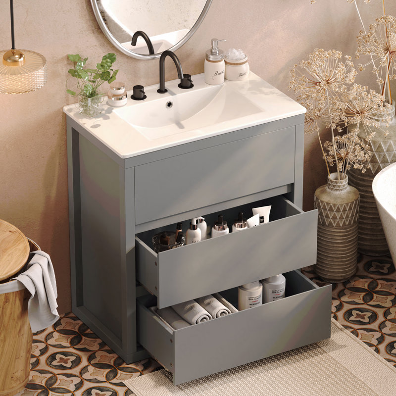 Meuble-lavabo 30 po avec lavabo en céramique, autoportant, 2 tiroirs pleine extension, conception à poignée libre à 45 °, glissières de tiroir à fermeture en douceur