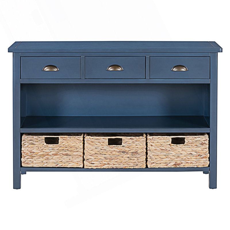 Console moderne rétro avec 3 tiroirs de rangement, table d'entrée avec 3 paniers tissés en jacinthe d'eau, table d'appoint