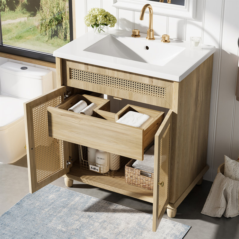 Meuble-lavabo de 30 pouces: portes en rotin tissées à la main