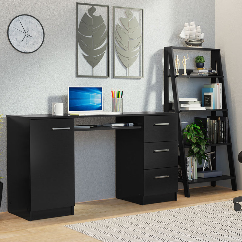Latitude Run Compact Desk 43" + Ladder Shelf Standing Bookcase, Black