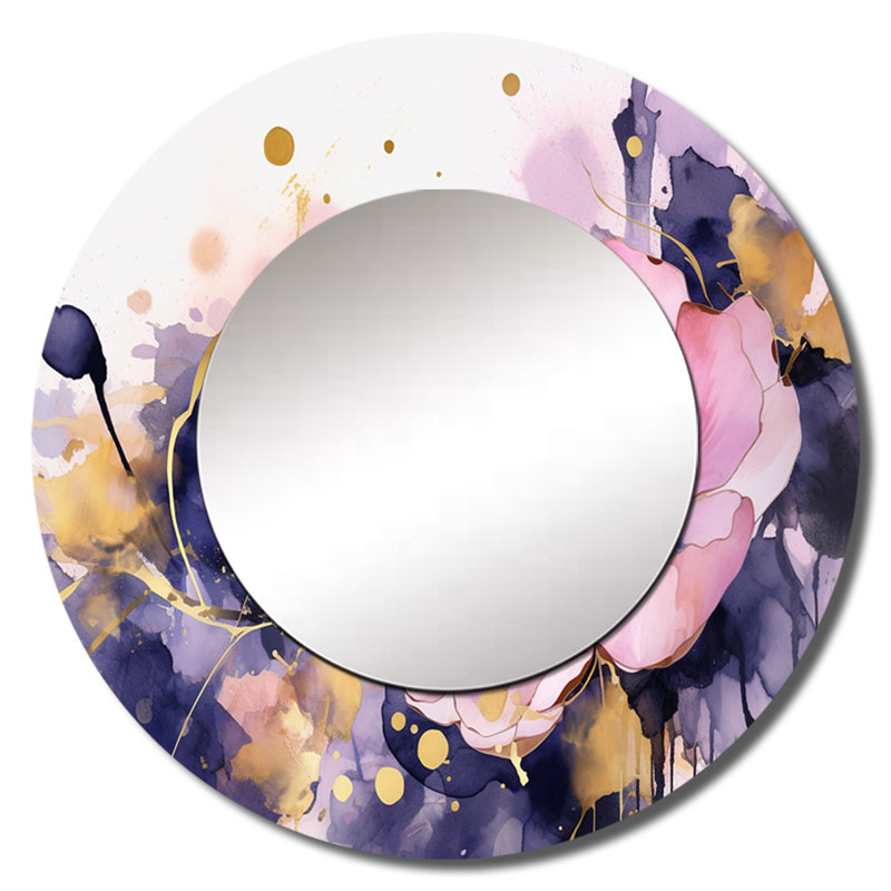 Plantes roses et mauves dans le chaos - miroir mural floral, miroir décoratif rond traditionnel, impression d'art en métal