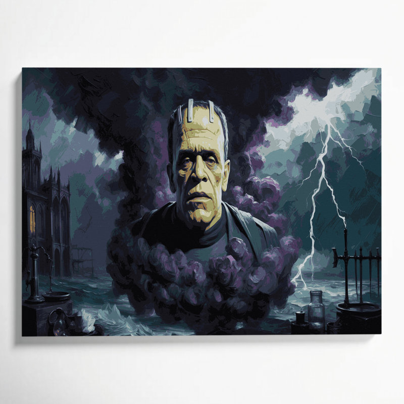 Halloween, art mural gris sur toile monstre Frankenstein, H 12 po x l 18 po