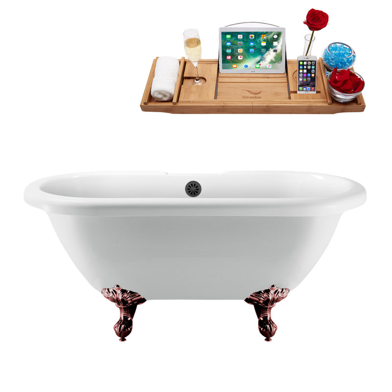 67" Streamline Clawfoot Soaking Acrylic Bathtub With Drain, Clawfeet, and Bamboo Tray, Matte Oil Rubbed Bronze, Matte Pink