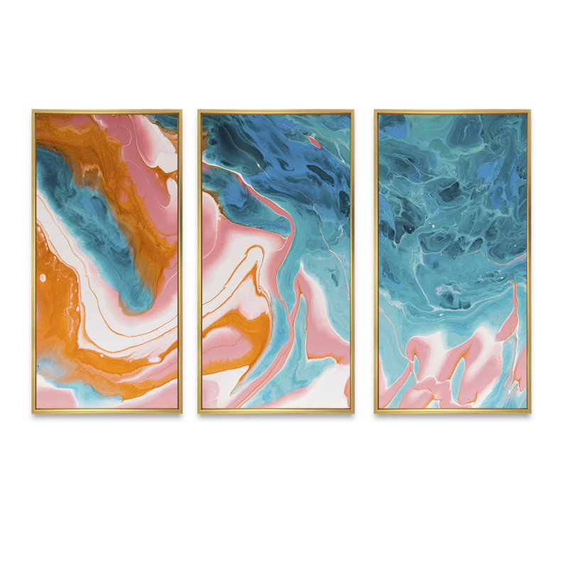 "Blue and Light Pink Marble", reproduction d'art sur toile 3 pièces, Cadre doré, H 20 po x l 36 po x P 1 po
