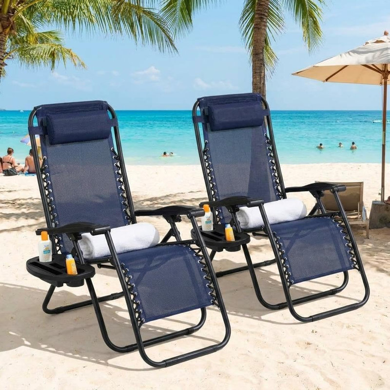 Folding Reclining Outdoor Lounge Chair Set of 2 with Adjustable Headrests and Detachable Side Trays