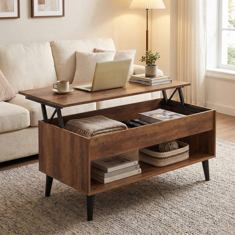 Table basse à plateau relevable de 39,4 po avec rangement pour salon, bureau à domicile, Brun miel
