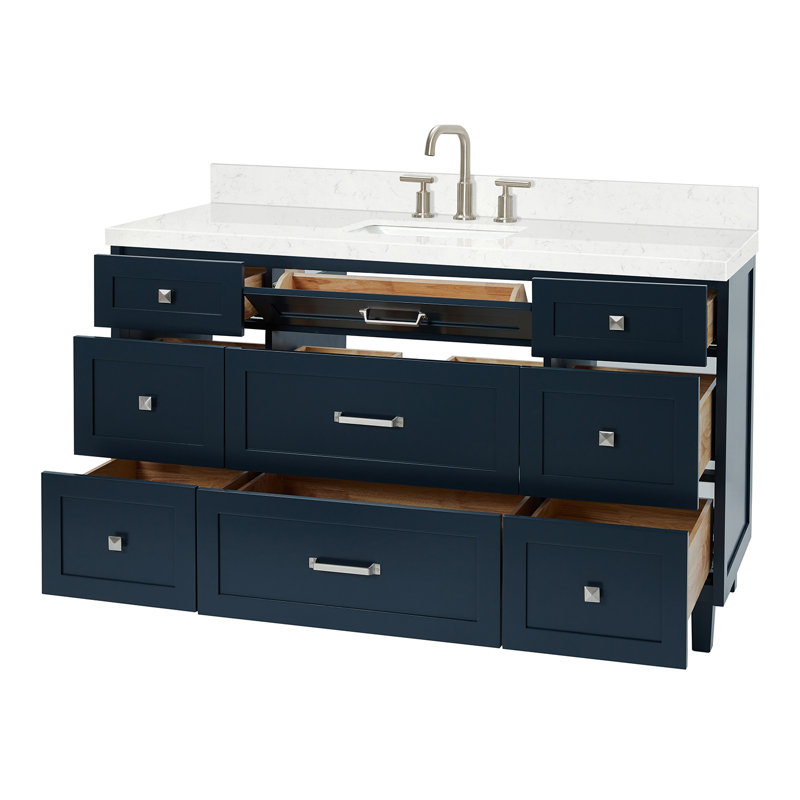 Meuble-lavabo ARIEL Monroe de 60 po en bois massif bleu nuit avec comptoir en quartz blanc de Carrare de 1,5 po, lavabo rectangulaire central