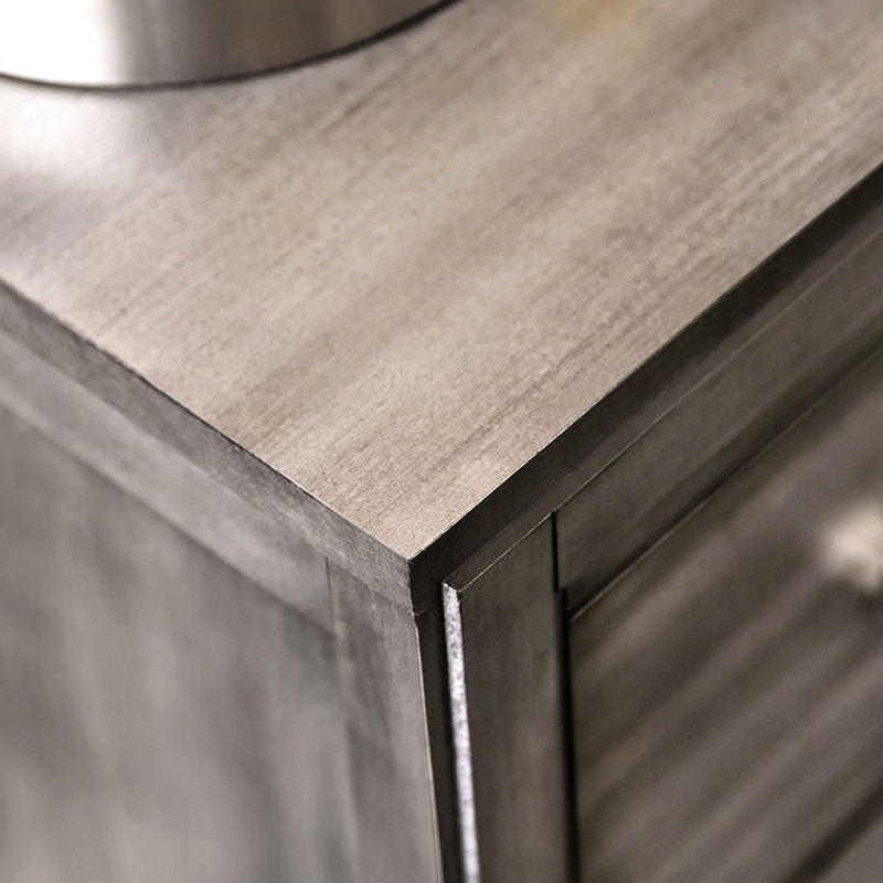 Table de chevet 1 pièce grise de style transitionnel avec 2 tiroirs, plateau doublé de feutre, quincaillerie en bois massif et barre de nickel pour chambre à coucher de couleur de style contemporain avec placage