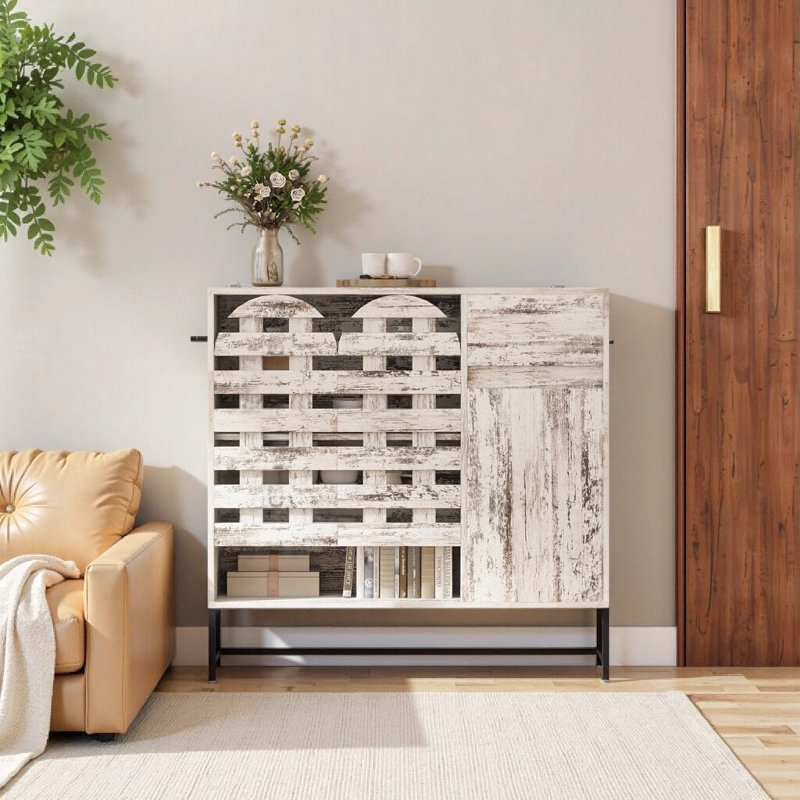 44.3" Farmhouse Sideboard Cabinet with Storage, Rustic Coffee Bar Console Table with Arched Lattice Doors & Drawer - Weathered White, for Living Room, Kitchen, Entryway