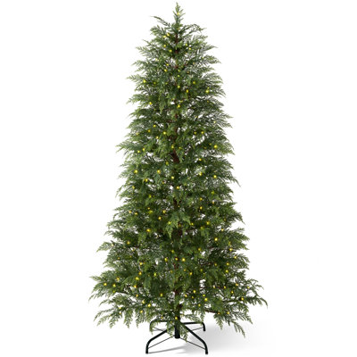 7ft Artificial Cypress Christmas Tree, Faux Tower Tree with 500 Warm White LED Lights - Modern Slim Pre-lit Cedar Tree with Heavy-Duty Metal Stand for Indoor Holiday Decor