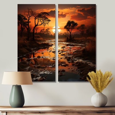 Coucher de soleil africain Oasis I - Art africain, grandes impressions sur toile 2 panneaux