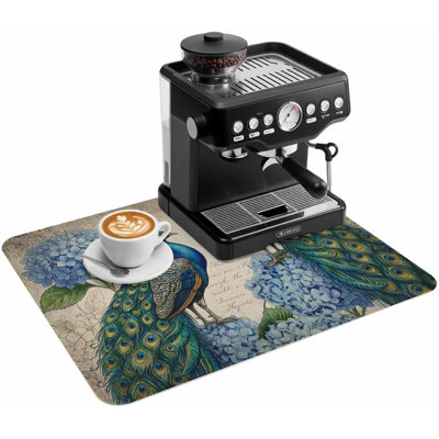 Tapis de cuisine/bar à café, sous-tapis à café rétro bleu paon avec hortensias, absorbant et antidérapant, accessoire de bar à café, tapis d'égouttage pour comptoir de cuisine, motif floral aquarelle au dos, 45,7 x 76,2 cm