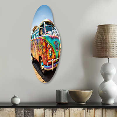 Magic Hippie Bus On The Beach I - Car Van Curved Shape Asymmetric Metal Wall Art