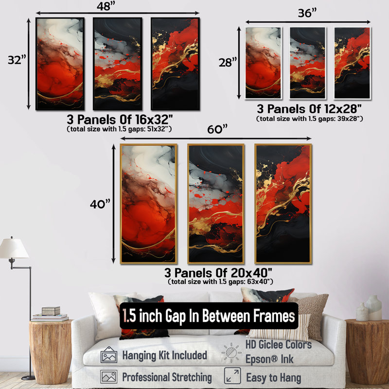 Rouge et or feu de marbre II - art mural abstrait, Cadre flottant noir, H 32 po x l 48 po x P 1 po