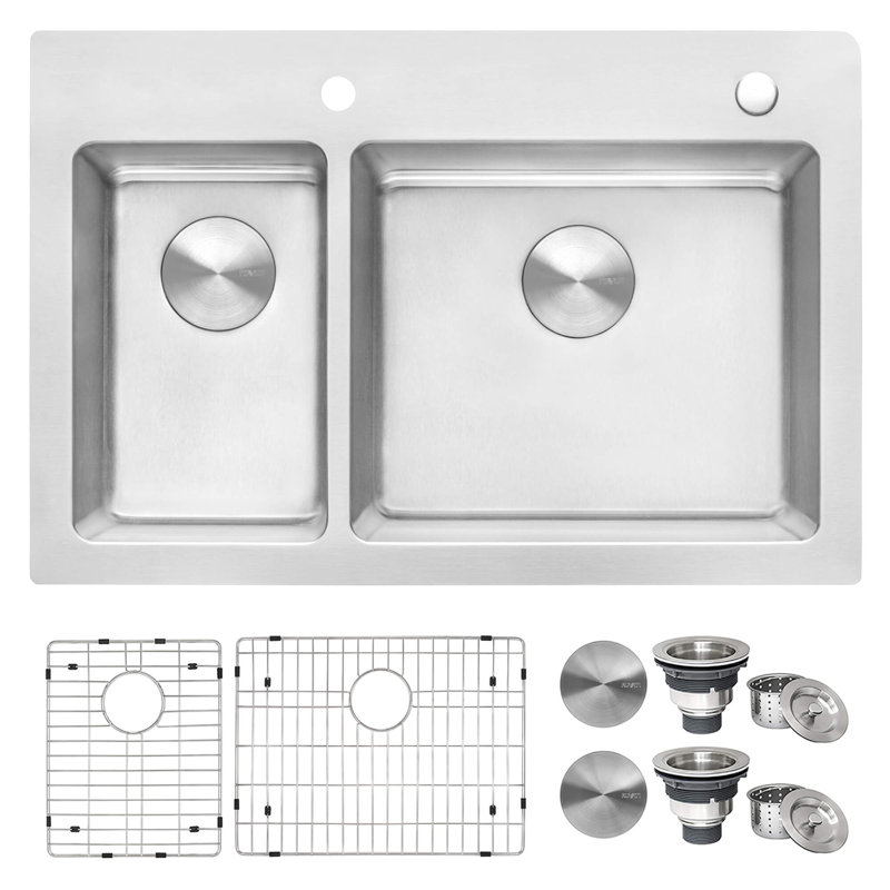 Ruvati 33 x 22 inch Drop-in Topmount Kitchen Sink 16 Gauge Stainless Steel, 30/70 Double Bowl