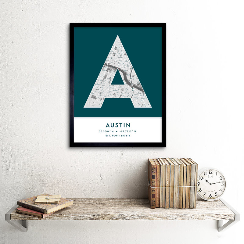 Austin City Map Austin Teal by Wee Blue Coo - Single Picture Frame Typography