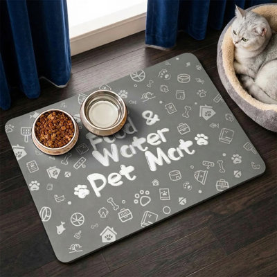 Tapis absorbant à séchage rapide gris foncé pour animaux 12 po x 18 po avec support en caoutchouc pour distributeur d'eau et de nourriture