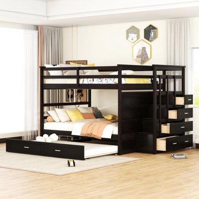Full Size Bunk Bed With Storage Trundle And Stable Staircase - Solid Pine Wood, Organize Bedroom Space Reliably, 96.9In.L X 58.4In.W 65.5In.H Over Str