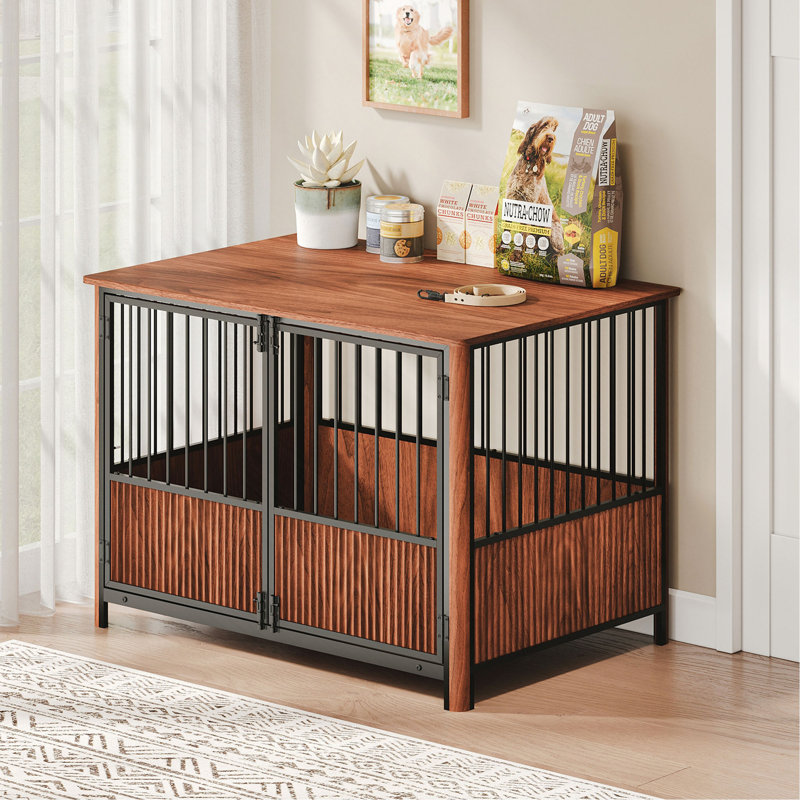 43'' Walnut Fluted Wood Furniture Style Dog Crate For Large & Medium Dogs - Double Door Design, Decorative Pet House & Indoor Side End Table.