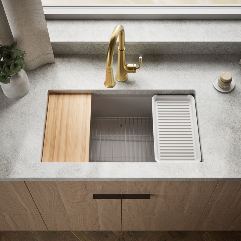 Billings 32-1/2 In. Undermount Single-Bowl Workstation Kitchen Sink, Champagne