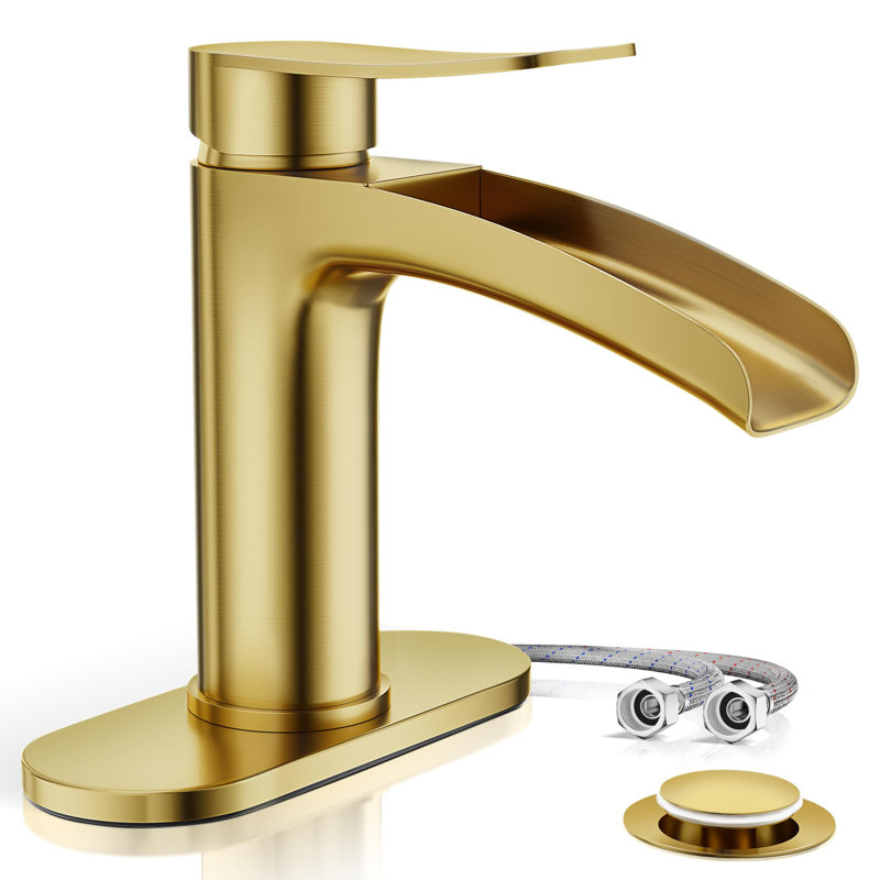 Single Handle Waterfall Faucet For Bathroom Sink In Brushed Gold Finish, With 6-Inch Deck Plate,Metal Pop Up Drain Assembly & CUPC Water Supply Lines