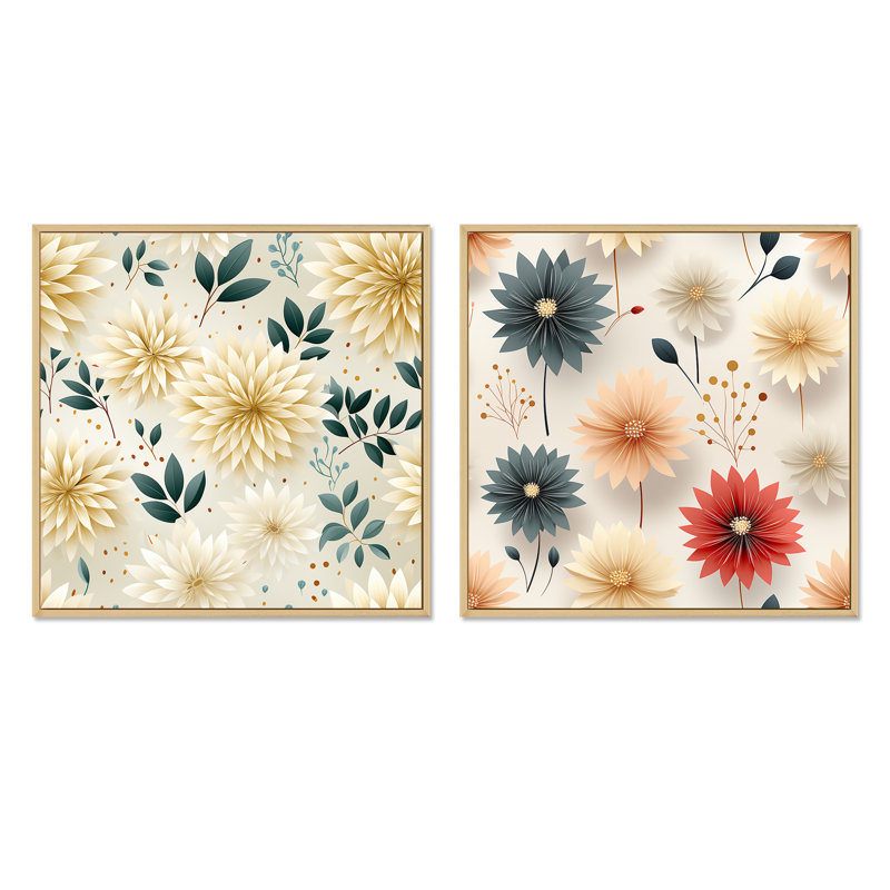 Blagnac - Ensemble de 2 collages carrés botaniques abstraits, H 36 po x l 73 po, Cadre flottant brun