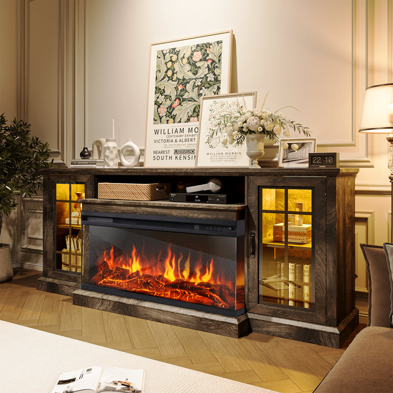 Fellsburg Manufactured Wood TV Stand with 36" Electric Fireplace, White, 31.4”H x 13.8”L x 70”W