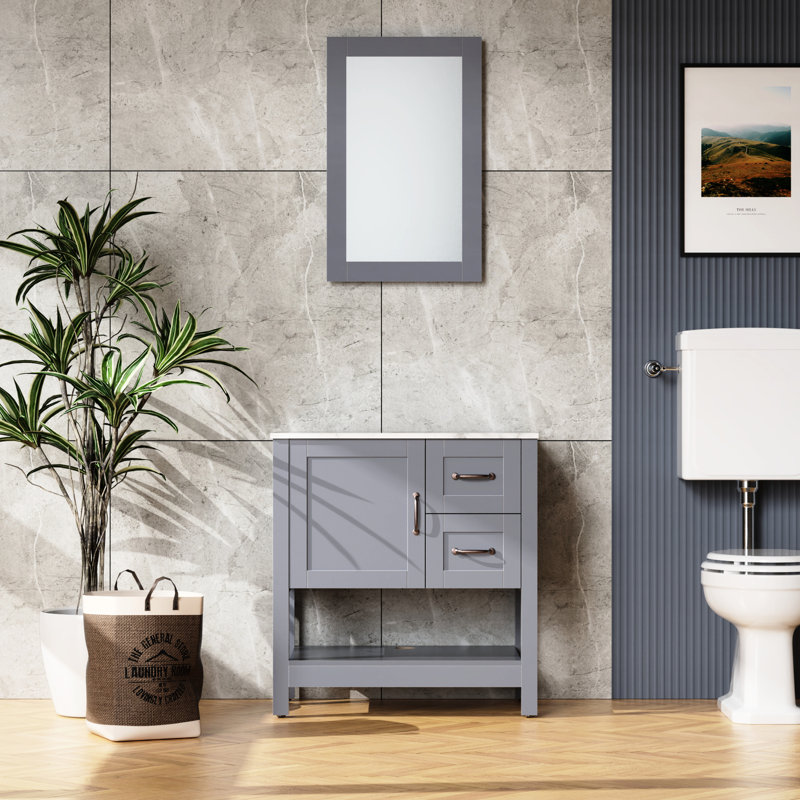 Meuble-lavabo gris 30 po - résistant à l'huile, à rayures, égratignures, bris, bleu foncé, poignée en bronze chic, pièce décorative bleue